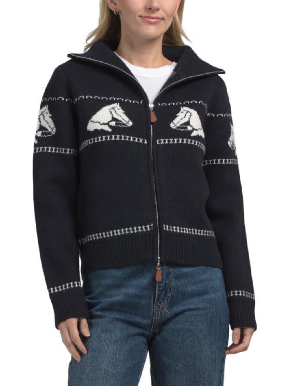 HOUSE OF HARLOW 1960 mock neck zip up horse printed cardigan